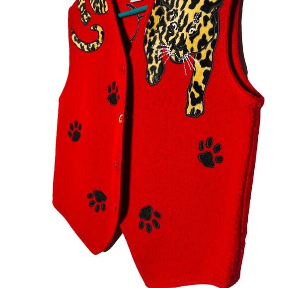 Lisa International 100% Boiled Wool Red Leopard Design Vest Size Petite Small - Picture 6 of 11